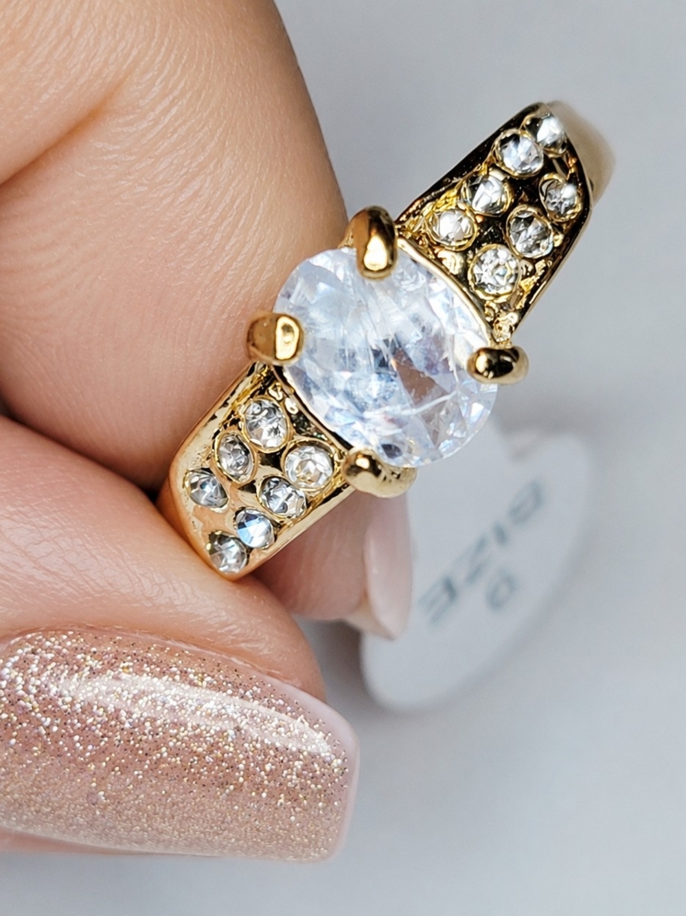 Gold Tone Clear Crystal Rhinestone Ring Size 8.5 Oval Solitaire Statement